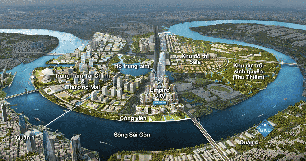 Sơ đồ Khu đô thị Thủ Thiêm với vị trí Sala, Empire City, Khu tài chính và Hồ trung tâm