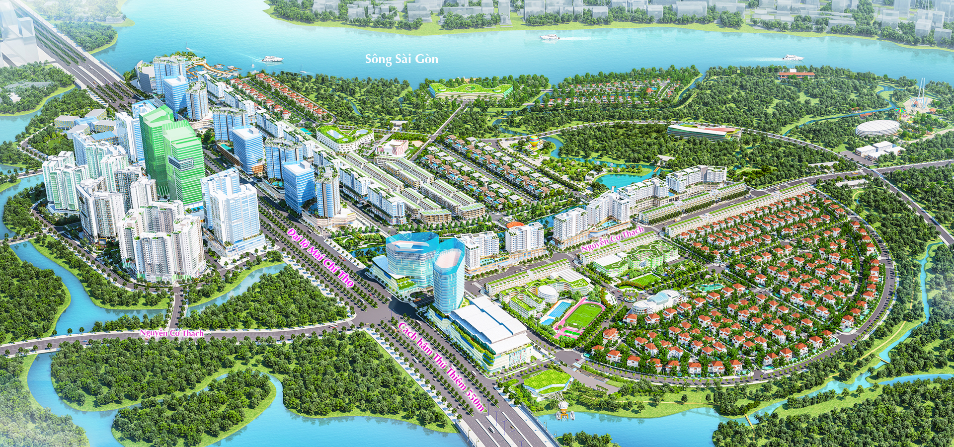 Tổng thể Khu đô thị Sala và các dự án Thủ Thiêm nhìn từ trên cao dọc sông Sài Gòn