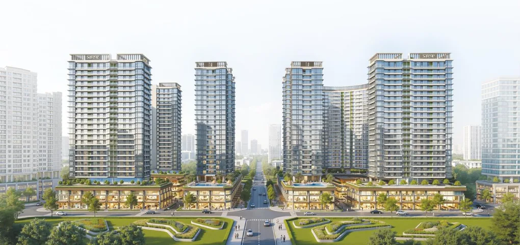 Phối cảnh tổ hợp căn hộ và phố thương mại Sarene nhìn từ trục đường trung tâm Sala